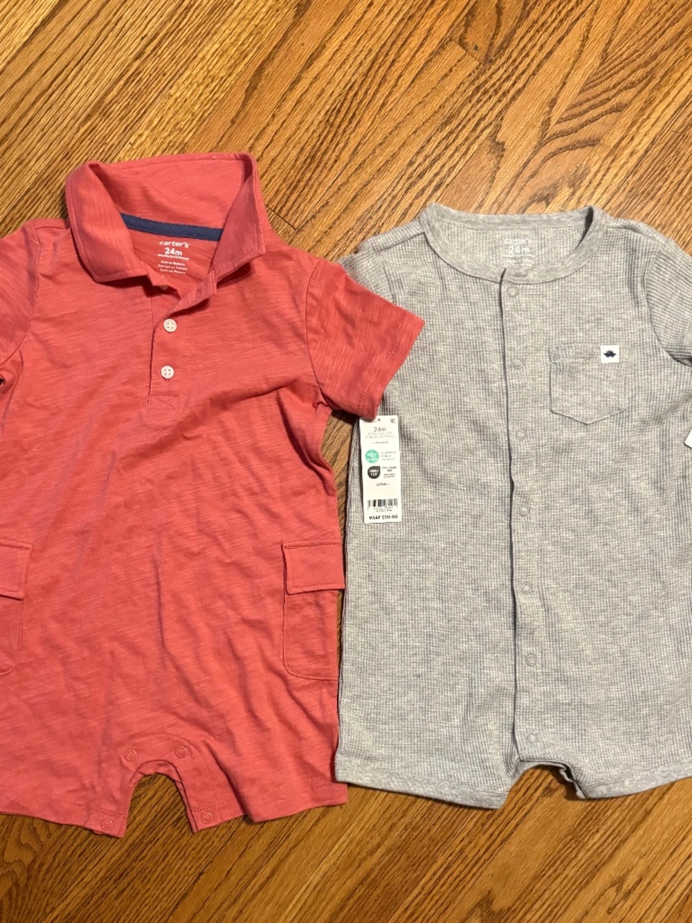 NWT Carter’s Baby Boy Romper Bundle 24M Pink Polo and Gray Waffle Knit Shortall